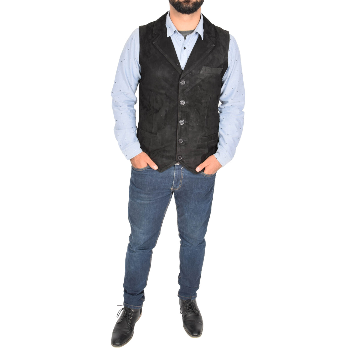 Mens Suede Buttoned Waistcoat Gilet Devin Black - genuine suede vest in black with gilet