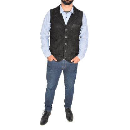 Mens Suede Buttoned Waistcoat Gilet Devin Black - genuine suede vest in black with gilet