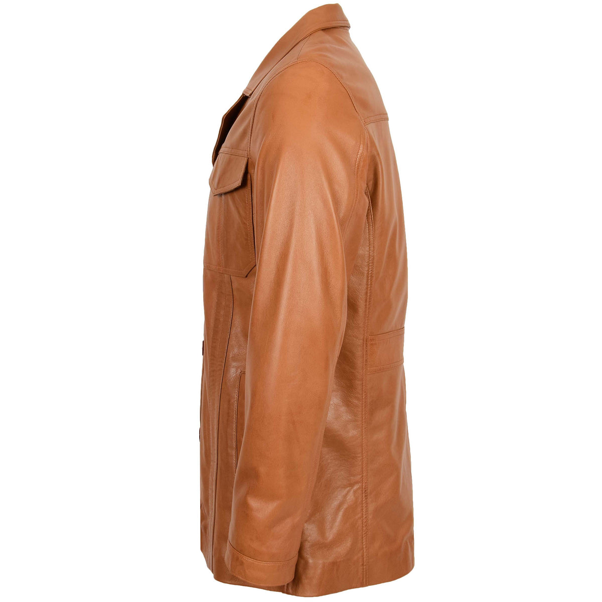 Mens Leather Reefer Buttoned Blazer Jacket Derek Tan - genuine leather jacket in tan with four outer pockets