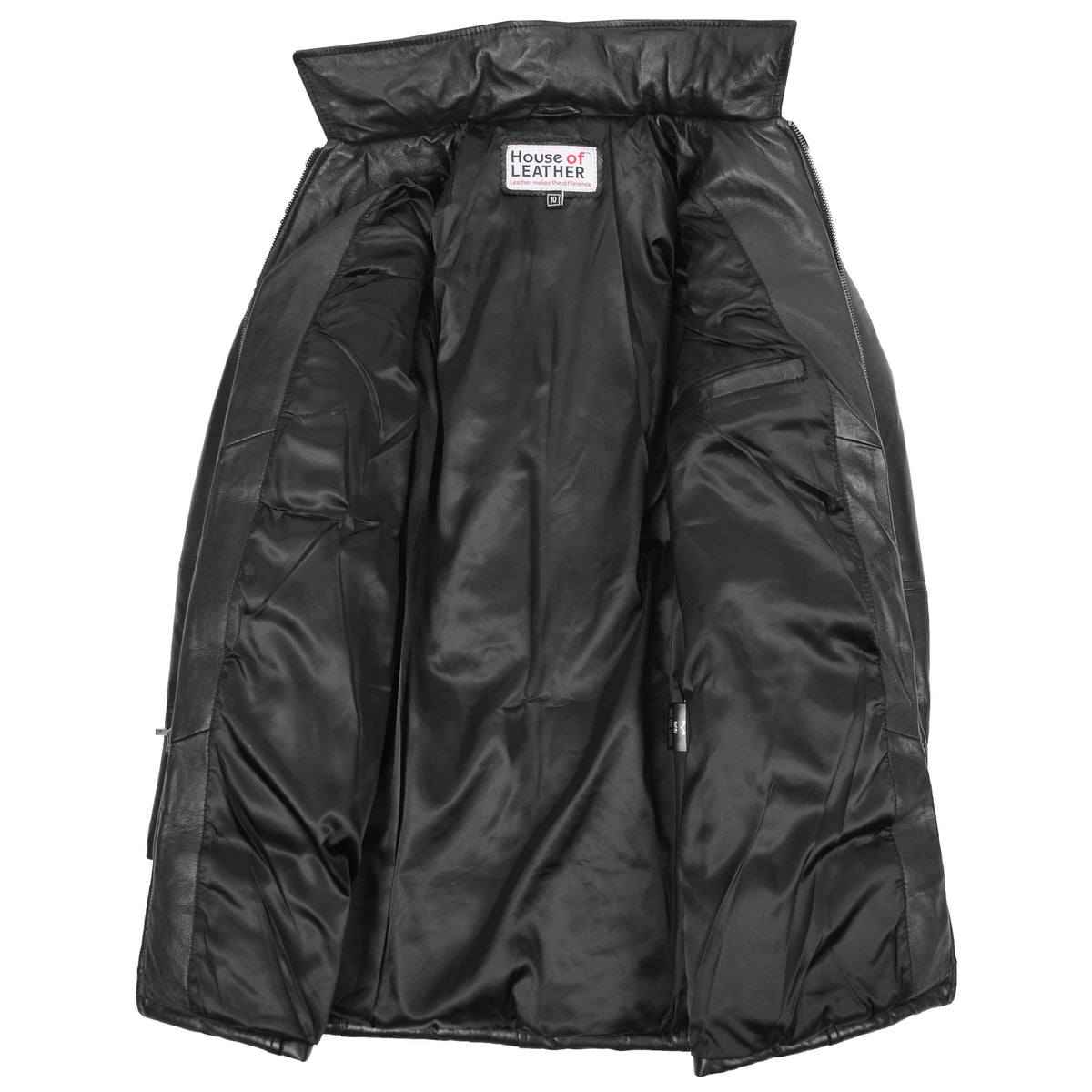 Womens 3/4 Length Leather Puffer Coat Lisa Black - genuine leather coat in black with 3/4 length