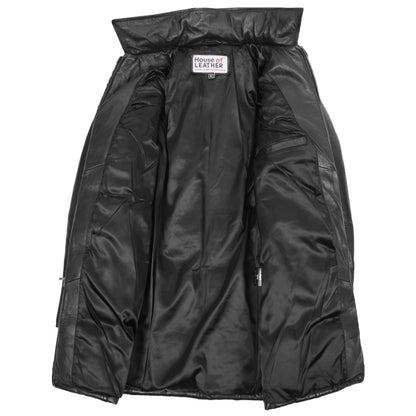 Womens 3/4 Length Leather Puffer Coat Lisa Black - genuine leather coat in black with 3/4 length