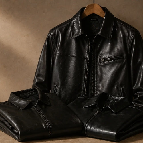 A black leather jacket displayed on a wooden hanger against a warm brown textured backdrop, with folded matching black leather garments placed in front.