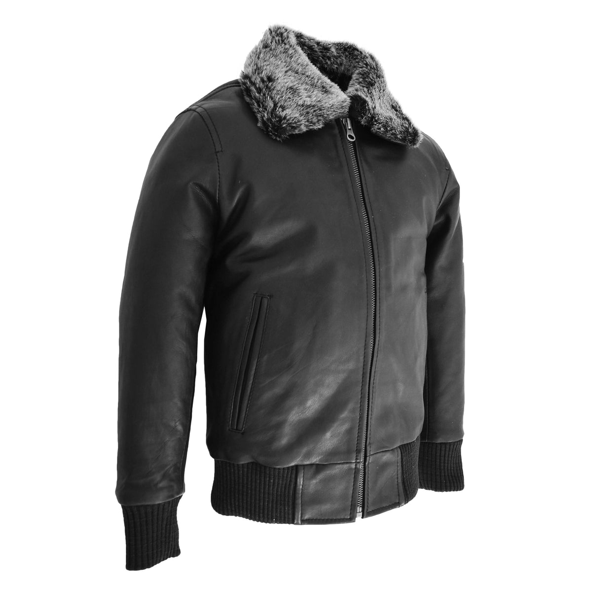 Boys Leather Bomber Jacket with Detachable Collar Liam Black - genuine leather jacket in black with two outer pockets