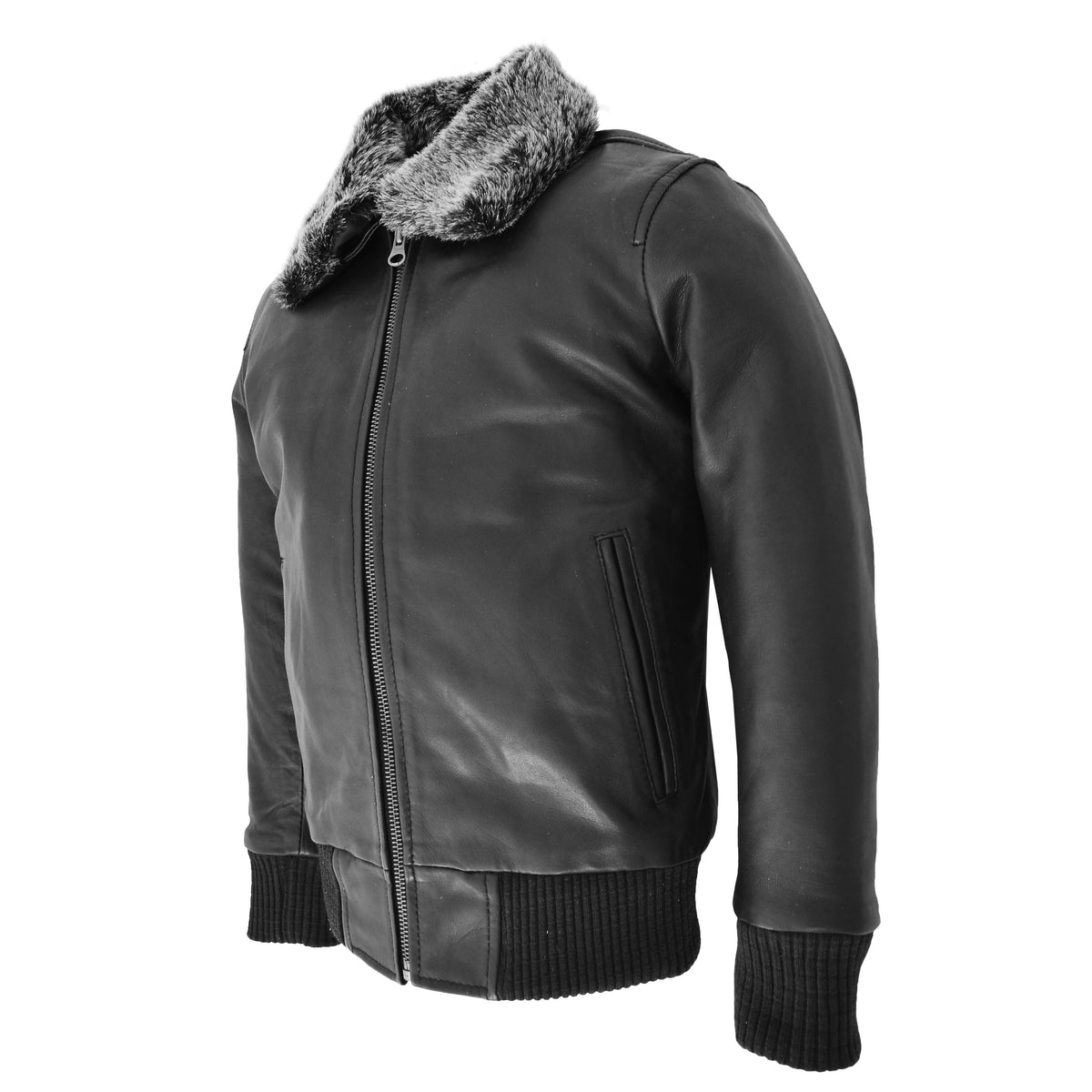 Boys Leather Bomber Jacket with Detachable Collar Liam Black - genuine leather jacket in black with bomber