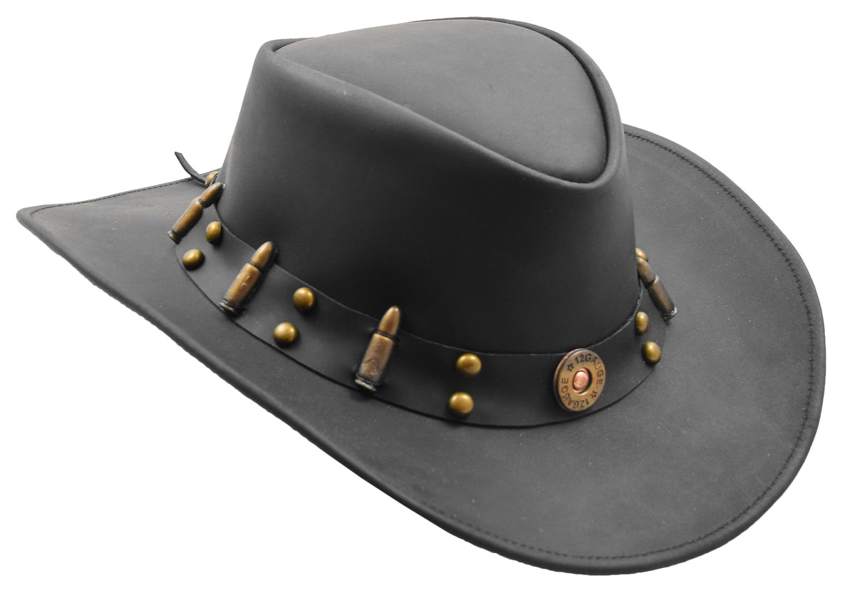 Cowboy Western Genuine Leather Hat Black - genuine leather cowboy hat in black with 100% genuine leather - 2.5 inches wide brim