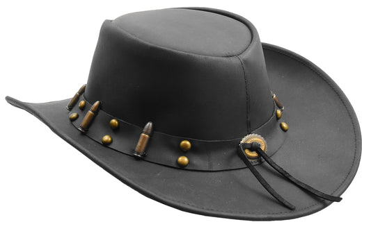 Cowboy Western Genuine Leather Hat Black - genuine leather cowboy hat in black with 100% genuine leather - 2.5 inches wide brim