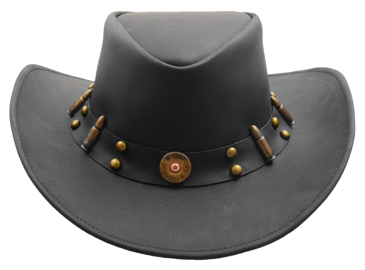 Cowboy Western Genuine Leather Hat Black - genuine leather cowboy hat in black with 100% genuine leather - 2.5 inches wide brim