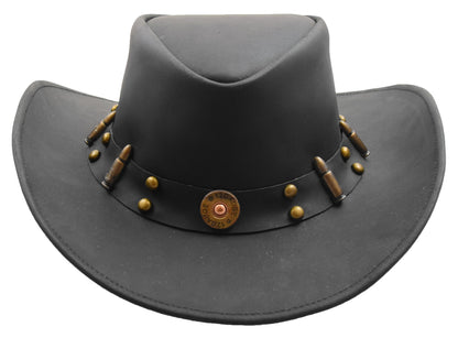 Cowboy Western Genuine Leather Hat Black - genuine leather cowboy hat in black with 100% genuine leather - 2.5 inches wide brim