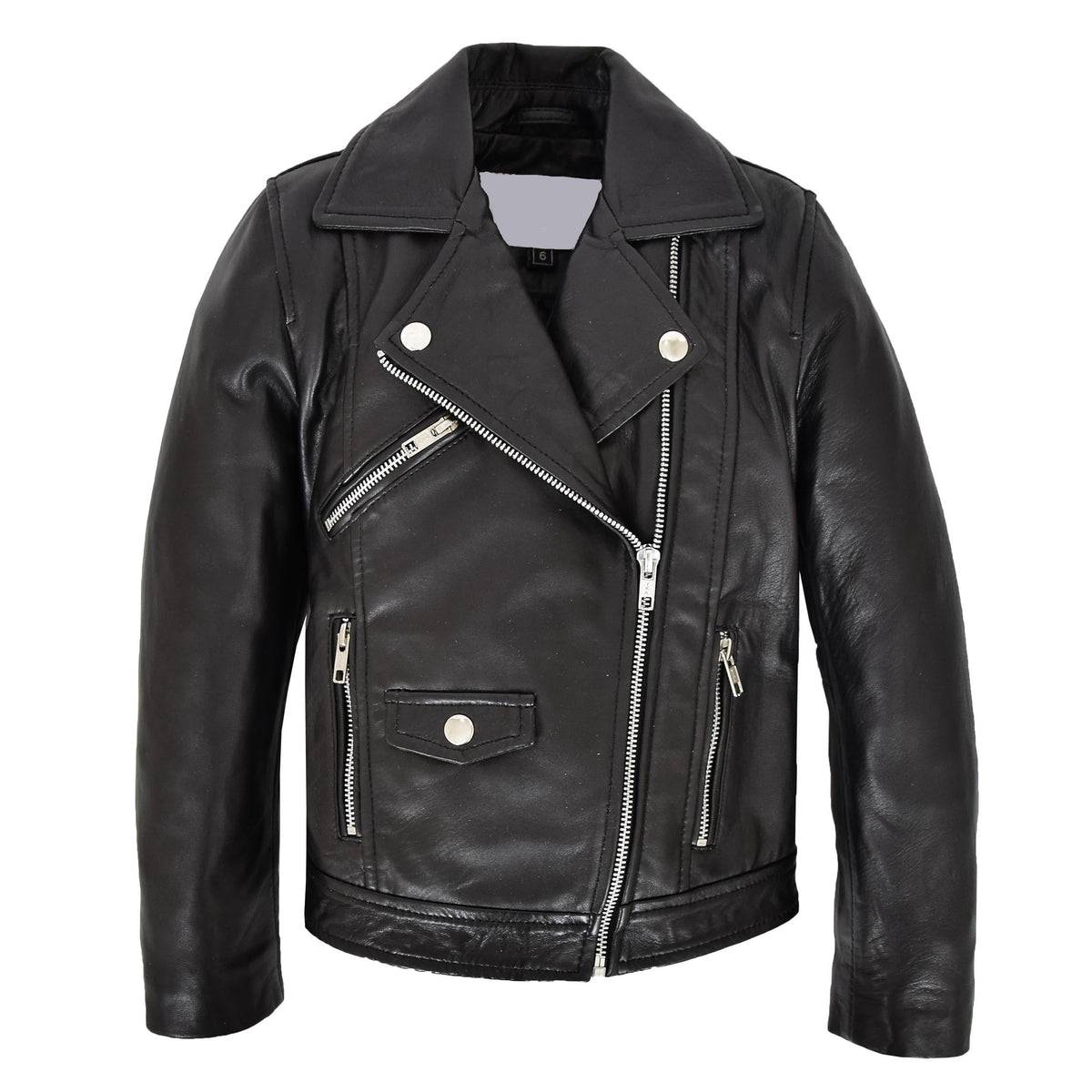Girls Real Leather Cross Zip Biker Style Jacket Emily Black - genuine leather jacket in black with three outer pockets