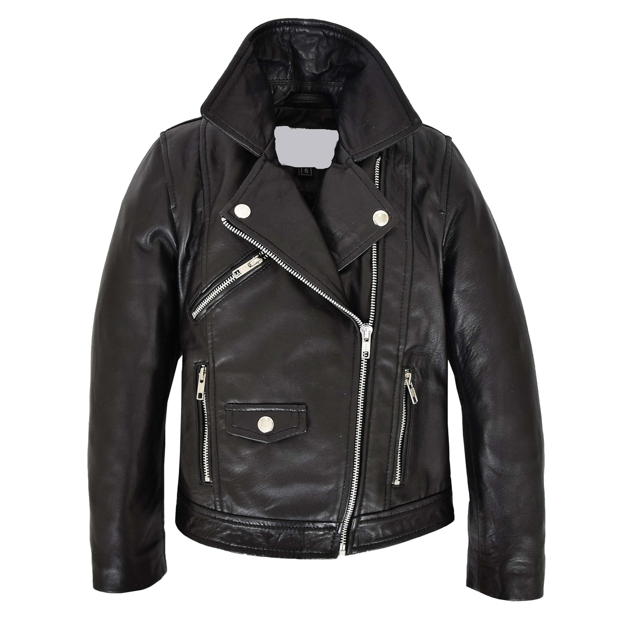 Girls Real Leather Cross Zip Biker Style Jacket Emily Black - genuine leather jacket in black with cross zip