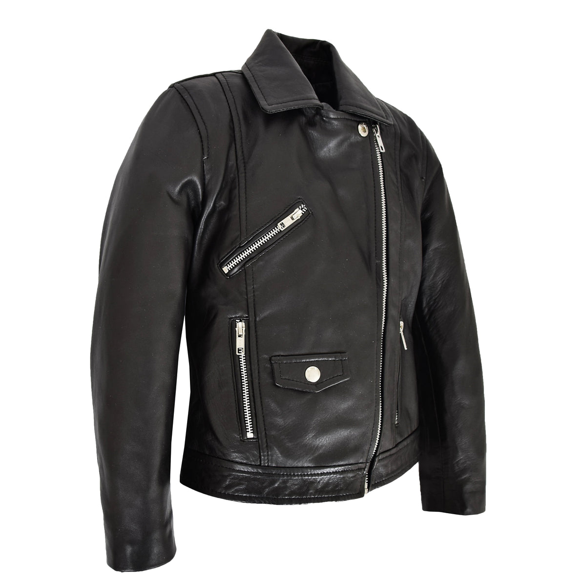 Girls Real Leather Cross Zip Biker Style Jacket Emily Black - genuine leather jacket in black with three outer pockets