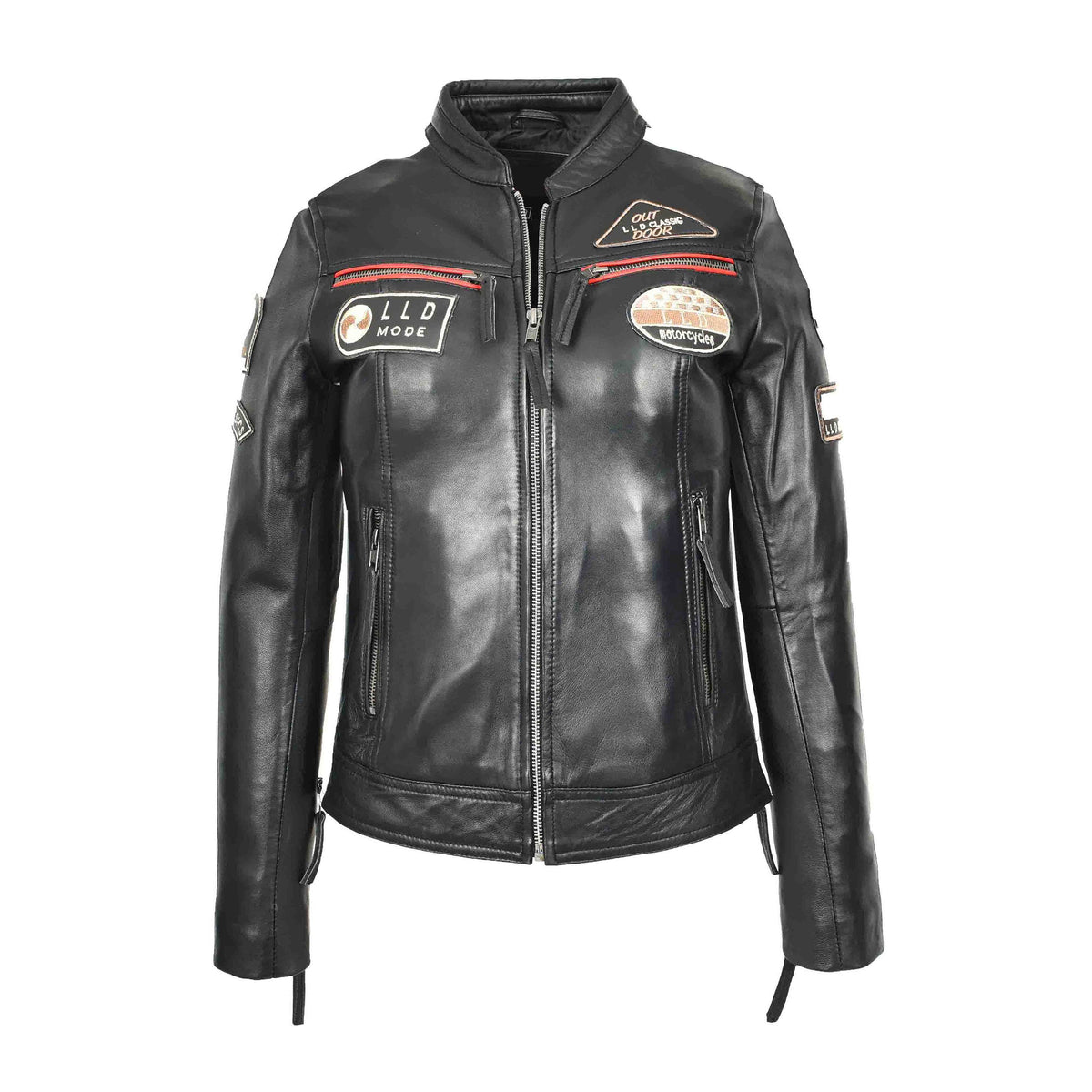 Ladies Leather Cafe Racer Biker Jacket Motorcycle Badges Rosa Black - genuine leather jacket in black with four outer pockets