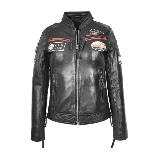 Ladies Leather Cafe Racer Biker Jacket Motorcycle Badges Rosa Black - genuine leather jacket in black with four outer pockets
