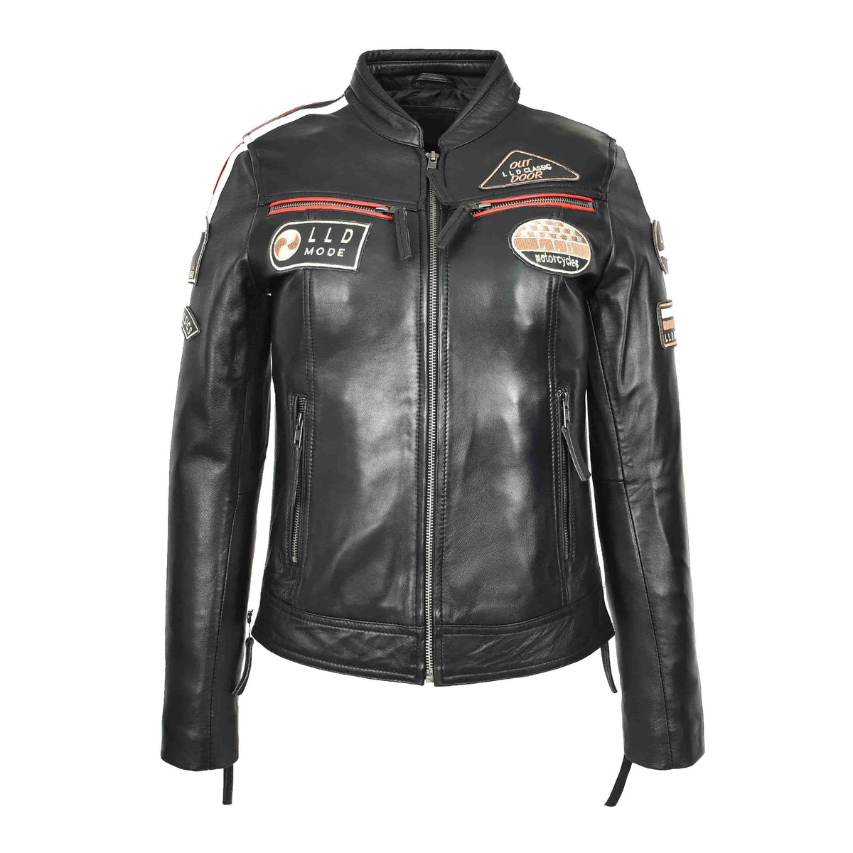 Ladies Leather Cafe Racer Biker Jacket Motorcycle Badges Rosa Black - genuine leather jacket in black with badges