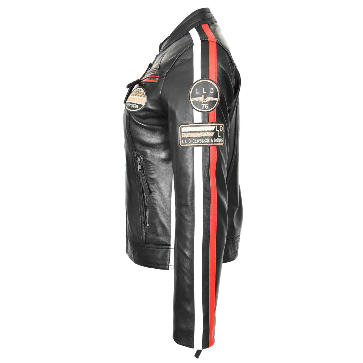 Ladies Leather Cafe Racer Biker Jacket Motorcycle Badges Rosa Black - genuine leather jacket in black with four outer pockets