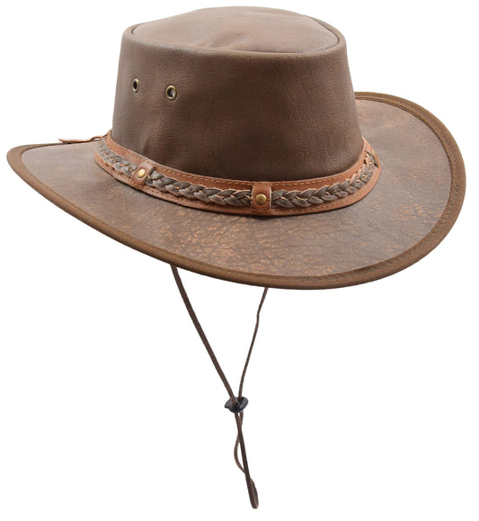 Leather Cowboy Hat Removable Chin Strap Brown - genuine leather cowboy hat in brown with the chin strap is removable.