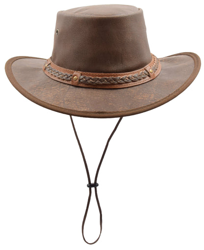 Leather Cowboy Hat Removable Chin Strap Brown - genuine leather cowboy hat in brown with the chin strap is removable.