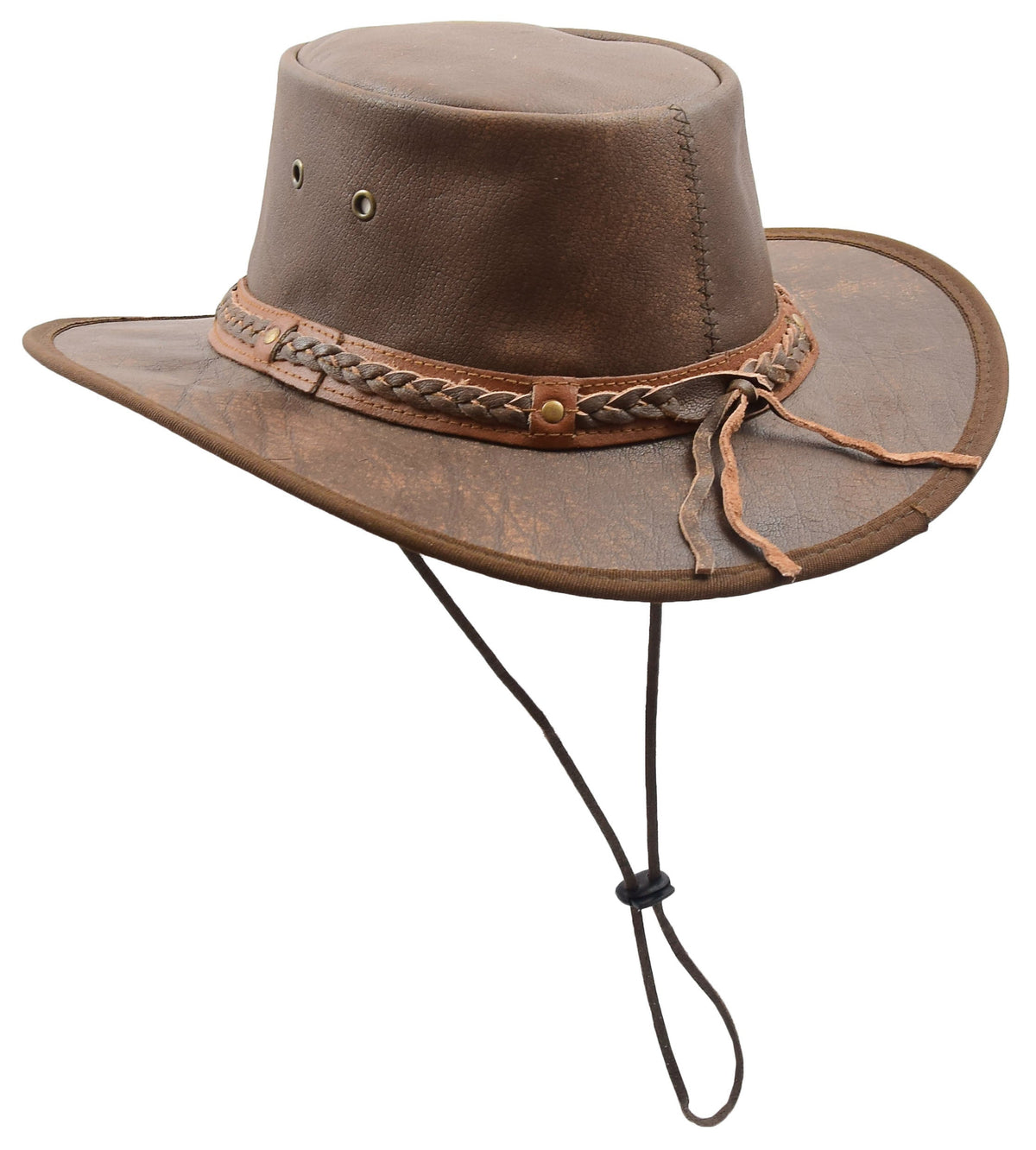 Leather Cowboy Hat Removable Chin Strap Brown - genuine leather cowboy hat in brown with the chin strap is removable.