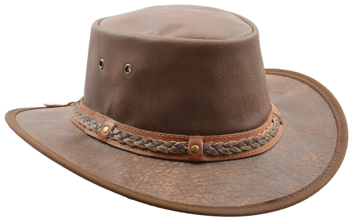 Leather Cowboy Hat Removable Chin Strap Brown - genuine leather cowboy hat in brown with the chin strap is removable.