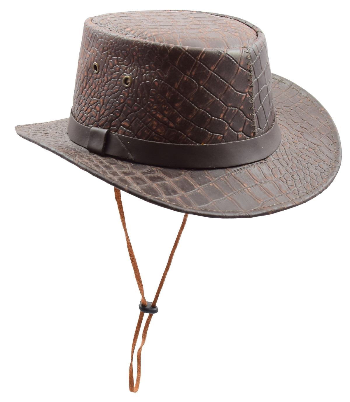 Leather Hat Removable Chin Strap Croc Print Brown - genuine leather hat in brown with brim size = 2” inch