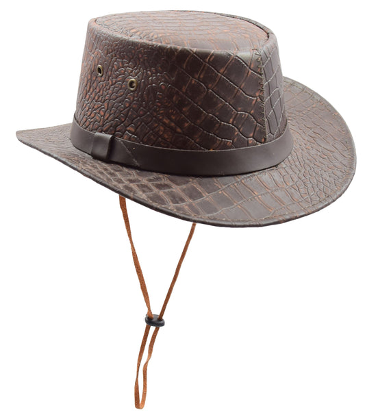 Leather Hat Removable Chin Strap Croc Print Brown - genuine leather hat in brown with brim size = 2” inch