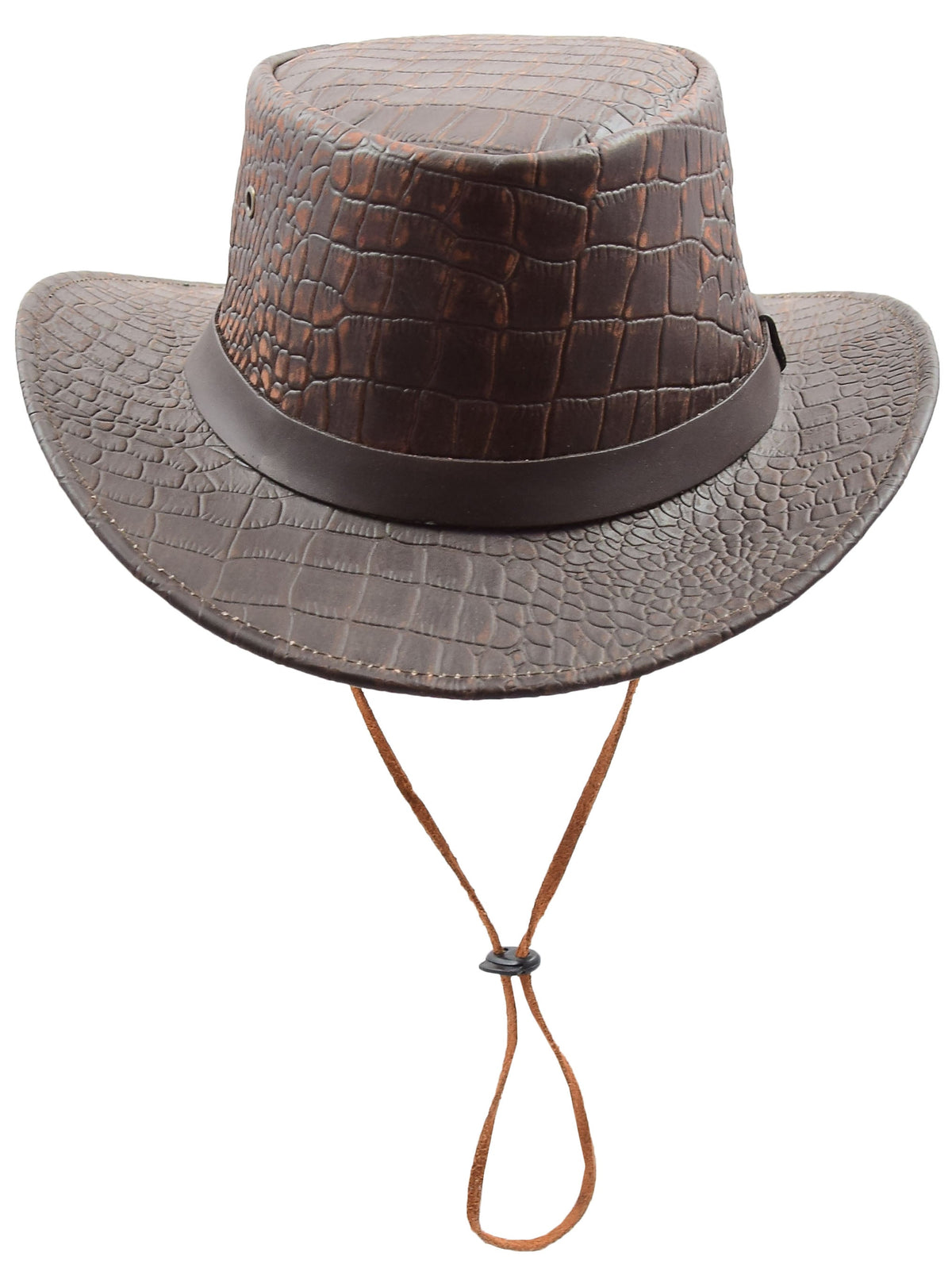 Leather Hat Removable Chin Strap Croc Print Brown - genuine leather hat in brown with brim size = 2” inch