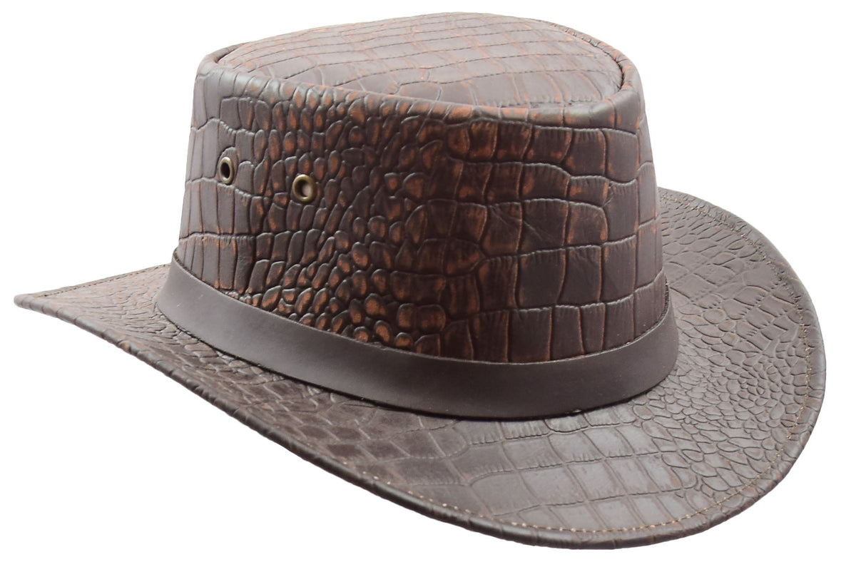 Leather Hat Removable Chin Strap Croc Print Brown - genuine leather hat in brown with brim size = 2” inch