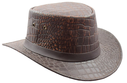 Leather Hat Removable Chin Strap Croc Print Brown - genuine leather hat in brown with brim size = 2” inch