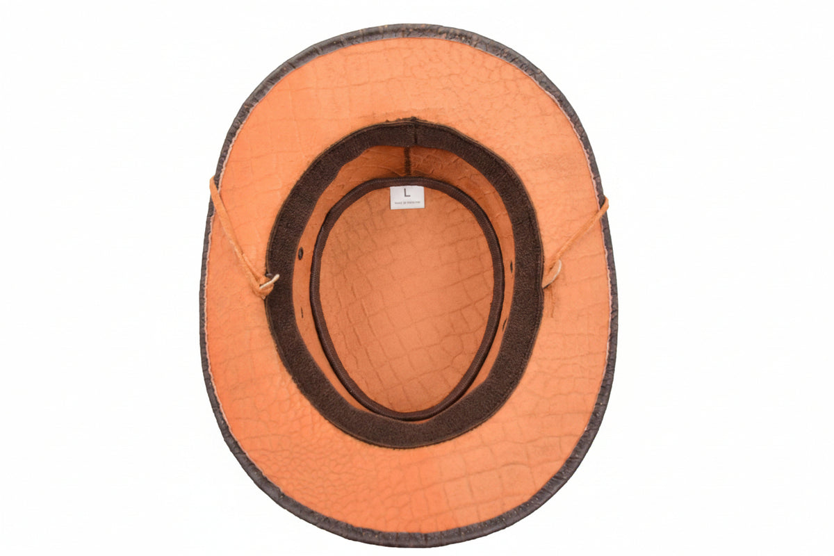 Leather Hat Removable Chin Strap Croc Print Brown - genuine leather hat in brown with brim size = 2” inch