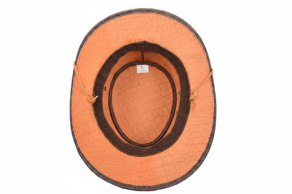 Leather Hat Removable Chin Strap Croc Print Brown - genuine leather hat in brown with brim size = 2” inch