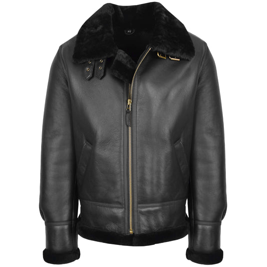 Men's Classic B3 Original Sheepskin Jacket Black - genuine sheepskin jacket in black with two outer pockets