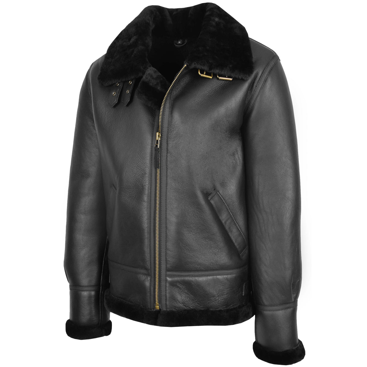 Men's Classic B3 Original Sheepskin Jacket Black - genuine sheepskin jacket in black with two outer pockets