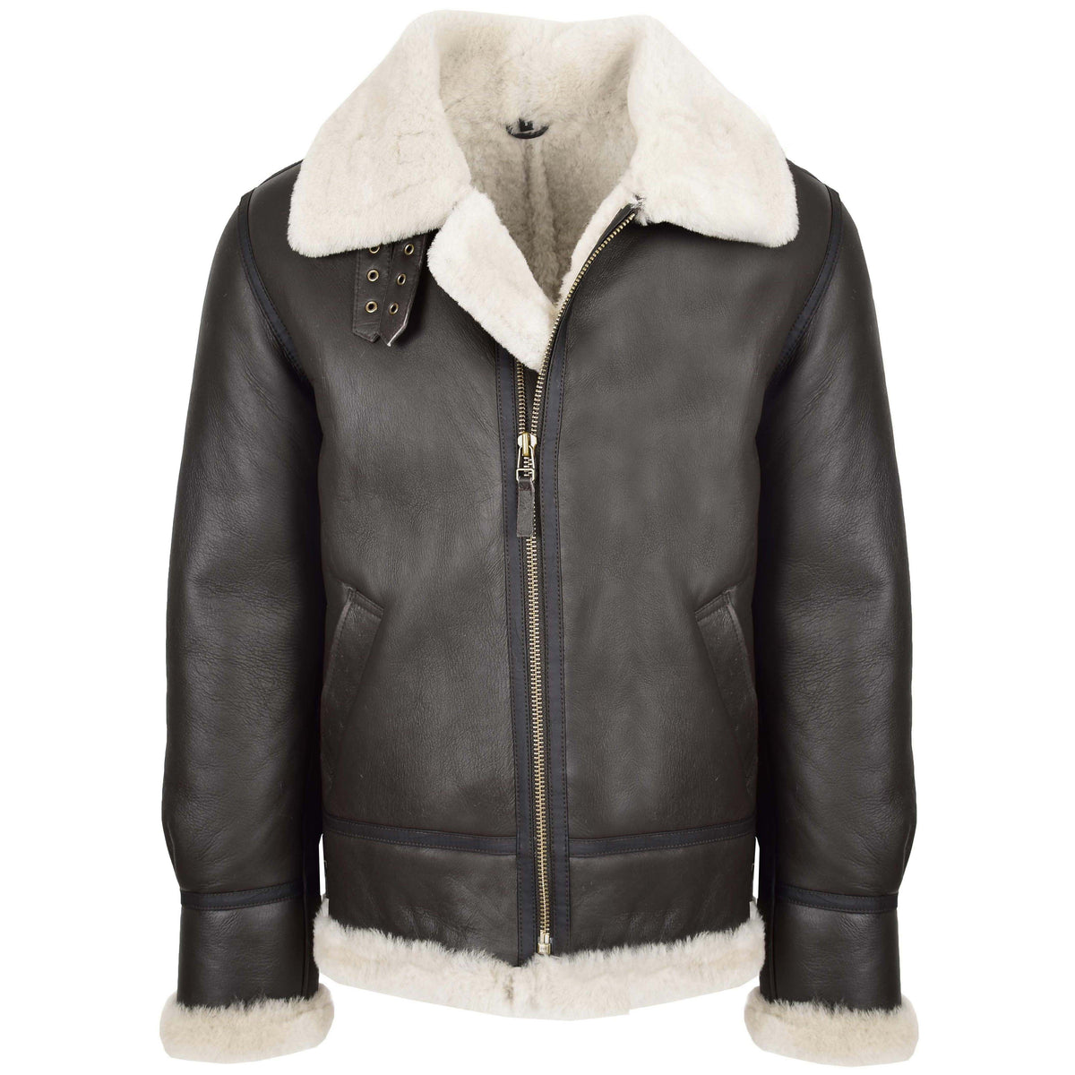 Men's Classic B3 Original Sheepskin Jacket Brown White - genuine sheepskin jacket in brown white with two outer pockets