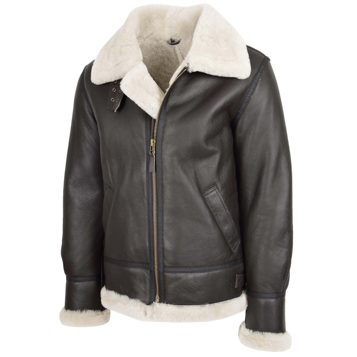 Men's Classic B3 Original Sheepskin Jacket Brown White - genuine sheepskin jacket in brown white with two outer pockets