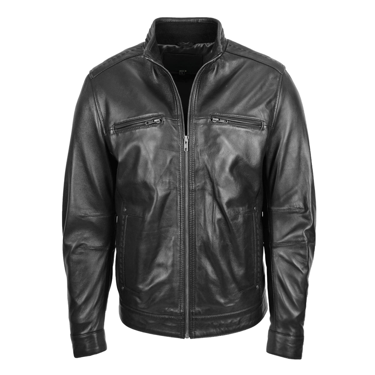Men's Standing Collar Leather Jacket Tony Black - genuine leather jacket in black with four outer pockets