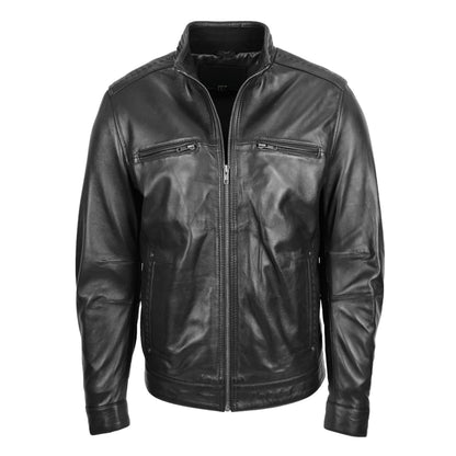 Men's Standing Collar Leather Jacket Tony Black - genuine leather jacket in black with four outer pockets