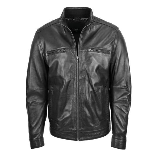 Men's Standing Collar Leather Jacket Tony Black - genuine leather jacket in black with four outer pockets