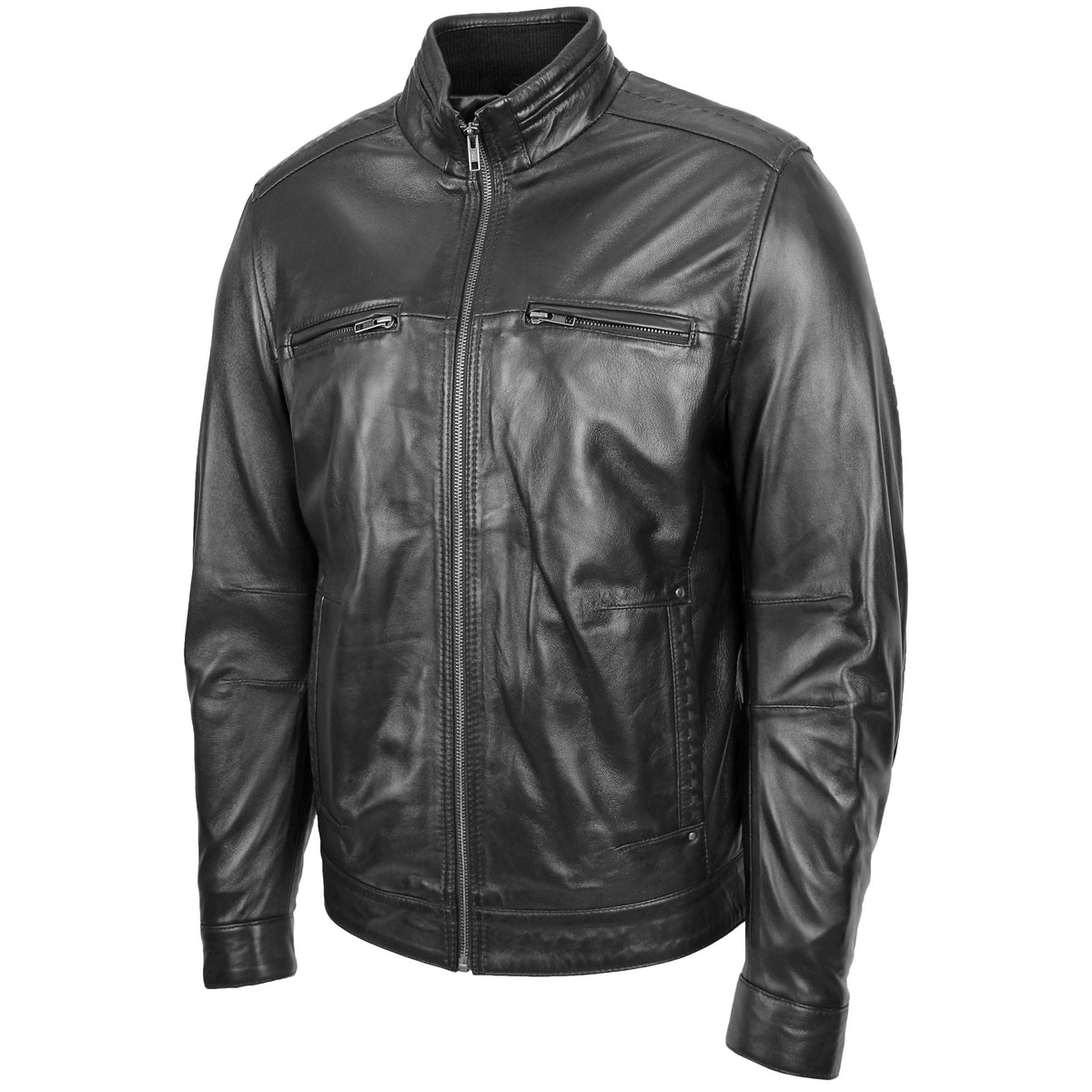 Men's Standing Collar Leather Jacket Tony Black - genuine leather jacket in black with four outer pockets