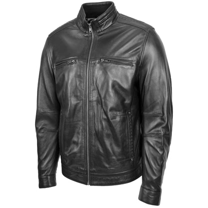 Men's Standing Collar Leather Jacket Tony Black - genuine leather jacket in black with four outer pockets