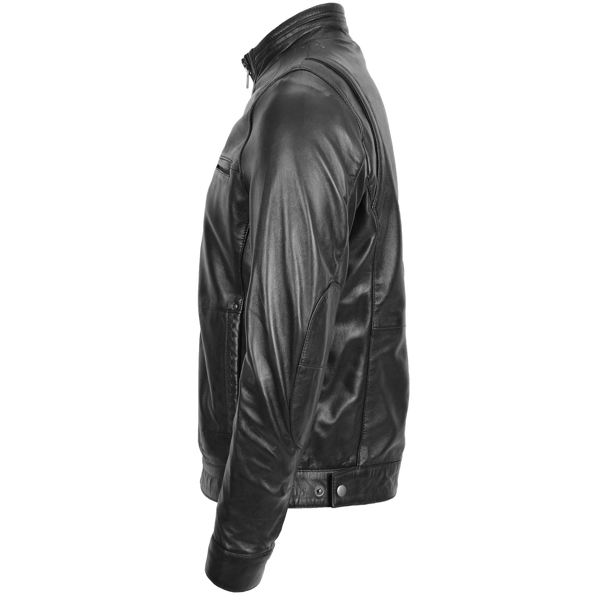 Men's Standing Collar Leather Jacket Tony Black - genuine leather jacket in black with four outer pockets