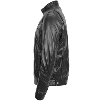 Men's Standing Collar Leather Jacket Tony Black - genuine leather jacket in black with four outer pockets