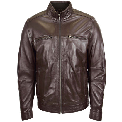 Men's Standing Collar Leather Jacket Tony Brown - genuine leather jacket in brown with four outer pockets
