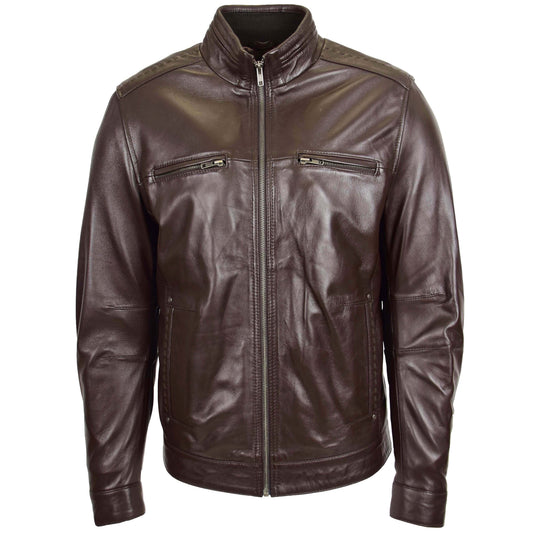 Men's Standing Collar Leather Jacket Tony Brown - genuine leather jacket in brown with four outer pockets