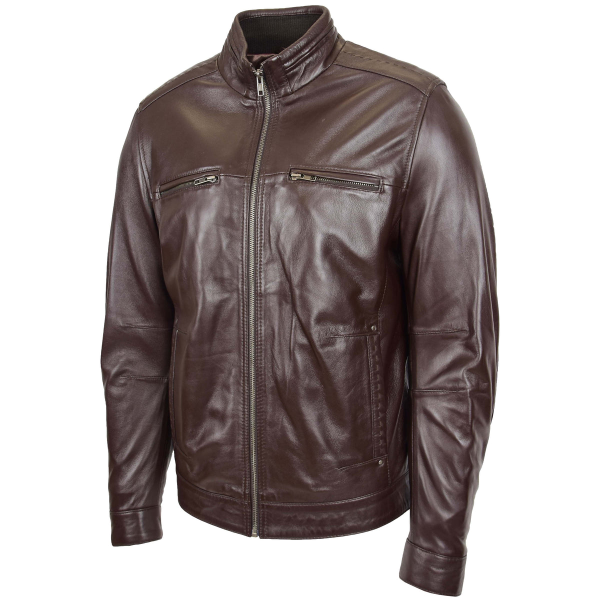 Men's Standing Collar Leather Jacket Tony Brown - genuine leather jacket in brown with four outer pockets