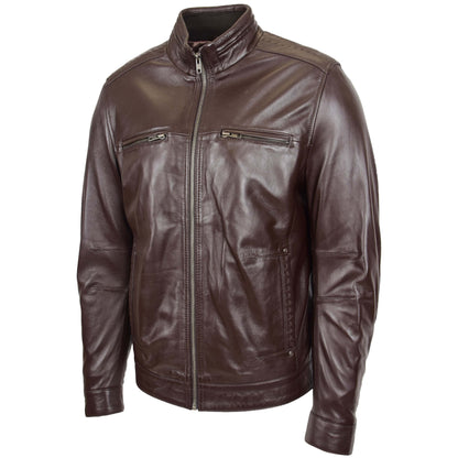 Men's Standing Collar Leather Jacket Tony Brown - genuine leather jacket in brown with four outer pockets