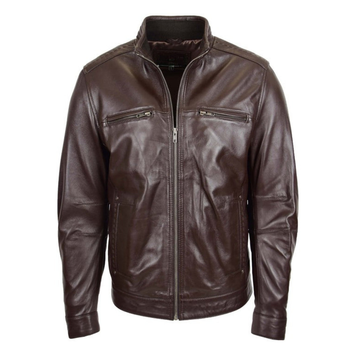 Men's Standing Collar Leather Jacket Tony Brown - genuine leather jacket in brown with four outer pockets