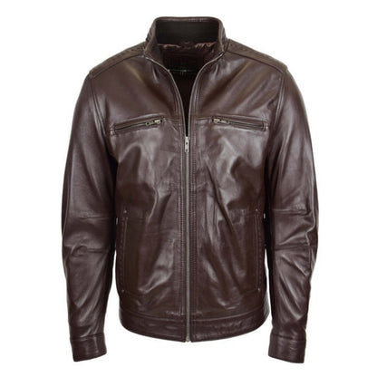 Men's Standing Collar Leather Jacket Tony Brown - genuine leather jacket in brown with four outer pockets
