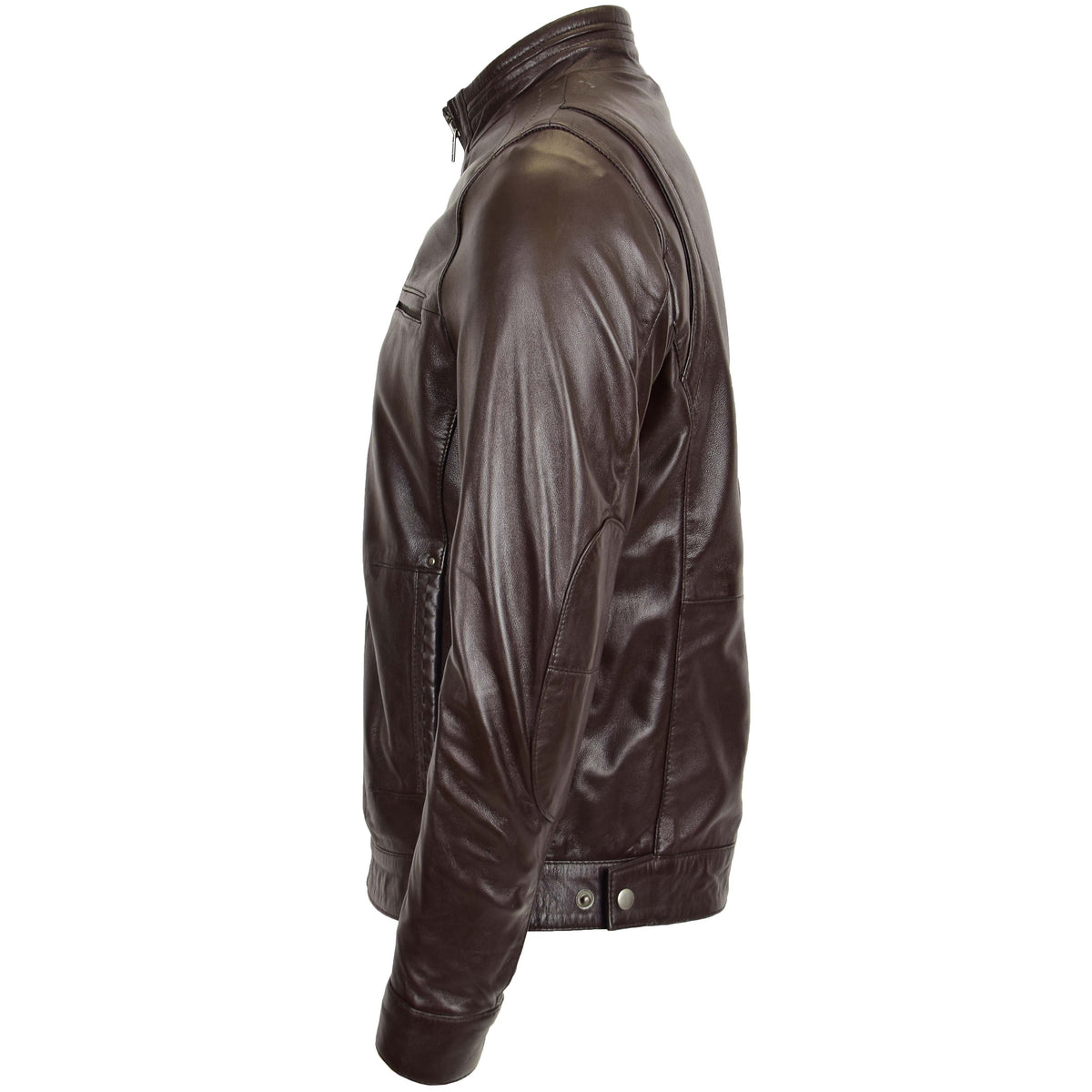 Men's Standing Collar Leather Jacket Tony Brown - genuine leather jacket in brown with four outer pockets