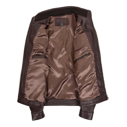 Men's Standing Collar Leather Jacket Tony Brown - genuine leather jacket in brown with four outer pockets