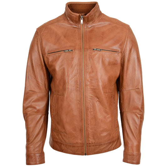 Men's Standing Collar Leather Jacket Tony Tan - genuine leather jacket in tan with four outer pockets